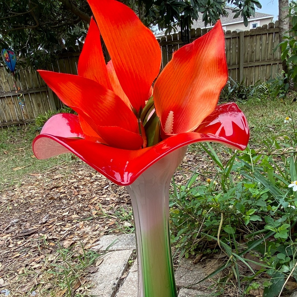 Vintage Calla Lily, Jack-in-the-Pulpit, Marano -style Tall Red and Green Vase